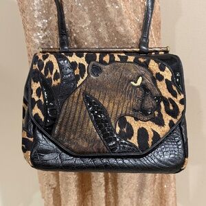 Sharif 80s Vintage Embossed Leather Leopard Print Rare Handbag Purse Bag